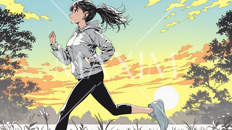 夕方の街並みを背景にジョギングをする若い女性