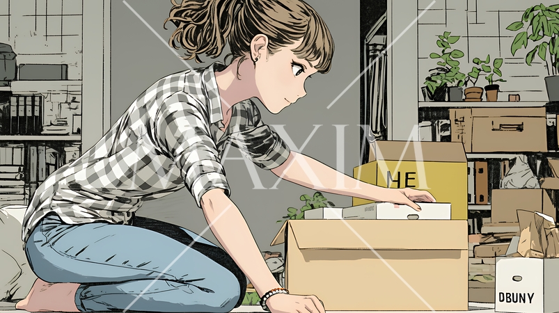 引っ越しの荷造り・荷解きをしている若い女性