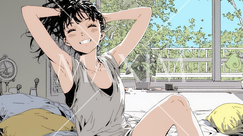 朝の目覚ましを止めて伸びをしている若い女性