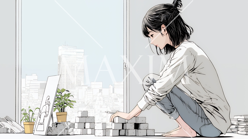 コンクリートブロックを積み上げているビジネスウーマン：計画の段階的積み重ねの比喩