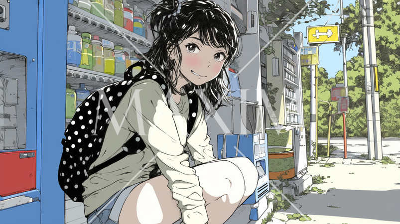 家出少女：飲料の自動販売機の前にしゃがんでいる少女