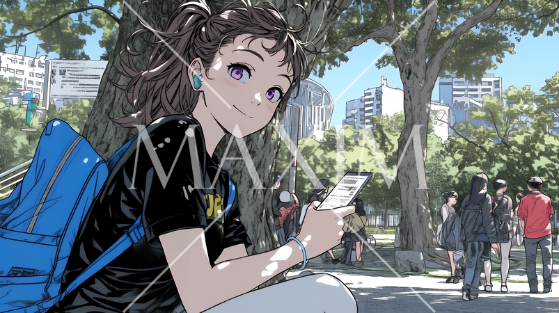 外出中にスマートフォンをいじくっている若い女性