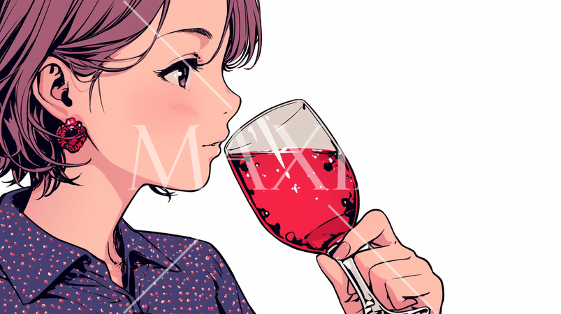 カジュアルな装いで赤ワインを飲む若い女性：コピースペースのある絵