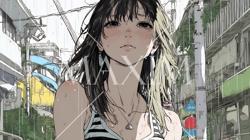 雨の中で泣いている若い女性