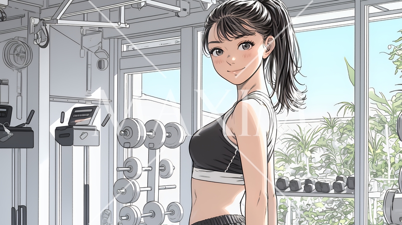 休日にジムで軽く運動する若い女性