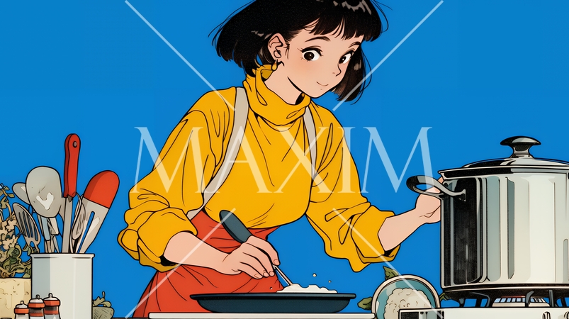 なれない料理に奮闘中の若い女性