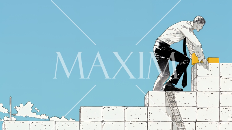 コンクリートブロックを積み上げているビジネスマン：計画の段階的積み重ねの比喩