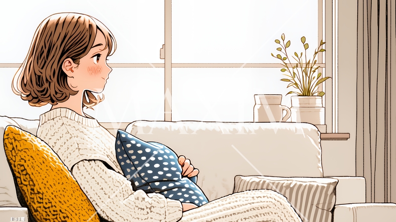 ソファでクッションを抱えてくつろぐ若い女性