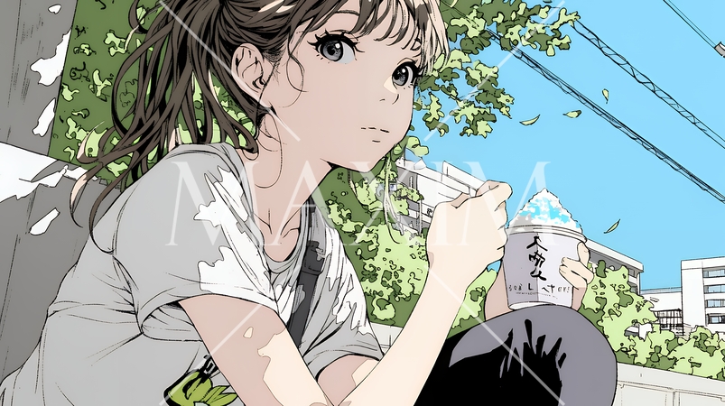 夏空の下でかき氷をたべる若い女性