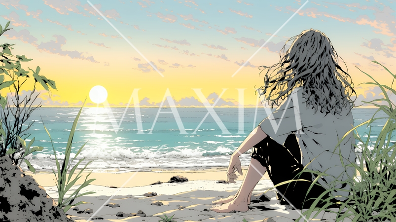 のんびり・ゆったり：夏のビーチで夕日を眺める若い女性