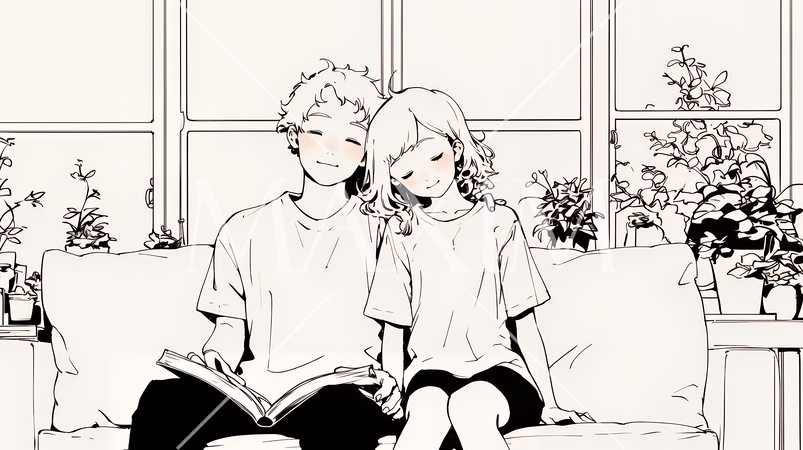 幸せそうなカップル：リビングルームて談笑（シンプルな色使い）