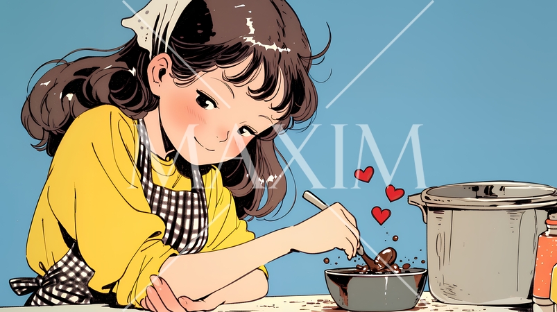 バレンタインプレゼント用のチョコレートを一生懸命作っている若い女性