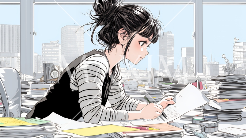 オフィスのデスクで、入念に書類をチェックする女性