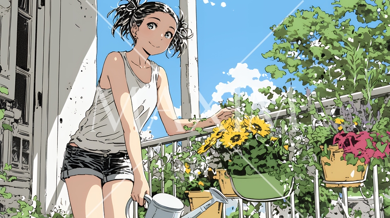 プランターの花に水やりをする若い女性｜ベランダガーデニングと自然を楽しむ爽やかな暮らしシーン
