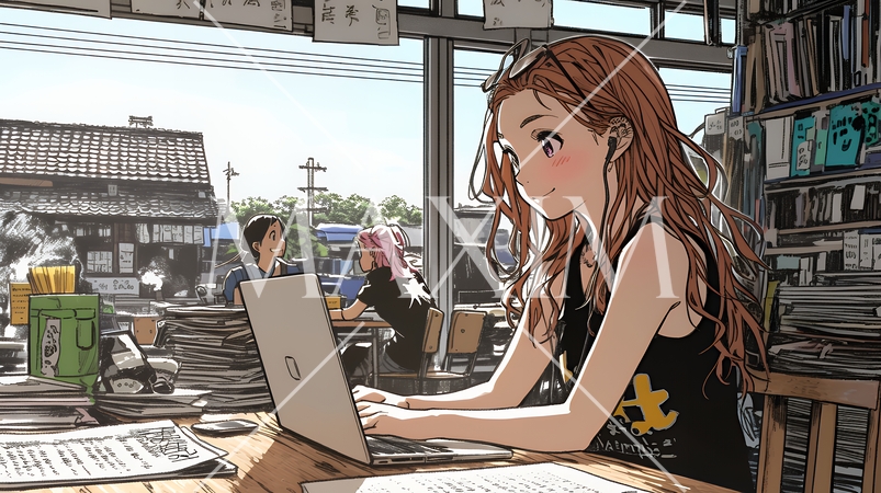 カフェでフリーランスや学生が仕事や勉強をしている