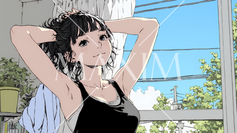 のんびり・ゆったり：朝日を浴びベッドで寛いでいる若い女性