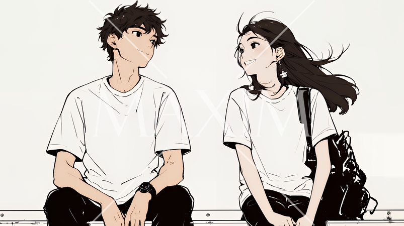 幸せそうなカップル：腰掛けて談笑（シンプルな色使い）