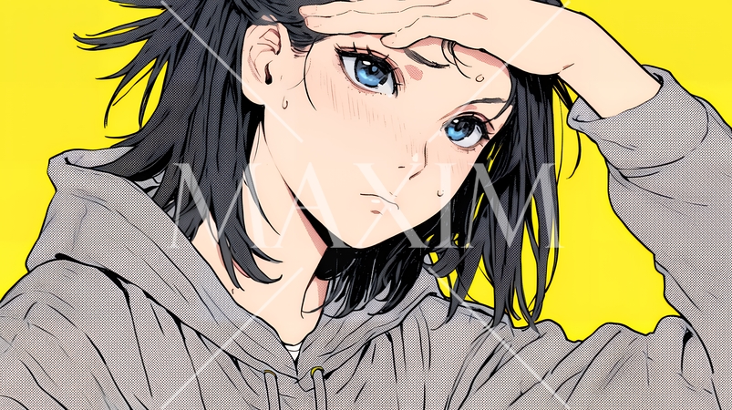 額に手を当てて「困ったな」ポーズをしている若い女性