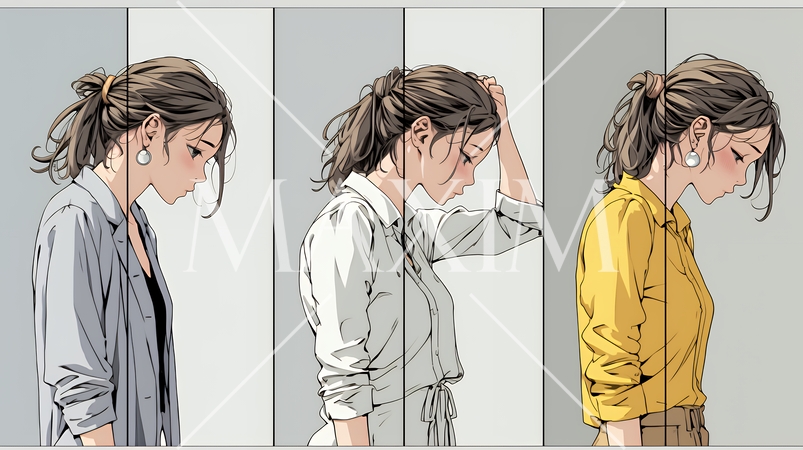 ミスやトラブルを反省して謝る若い女性｜申し訳なさそうな表情のビジネスイメージイラスト