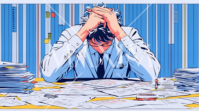 深夜残業で疲弊する会社員｜過労とストレスに悩むビジネスパーソン（ブラック企業イメージ）