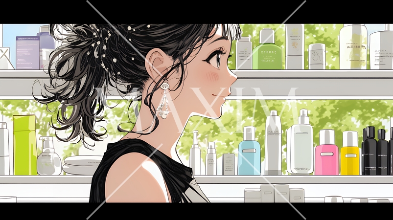 ドラッグストアでコスメを選ぶ若い女性