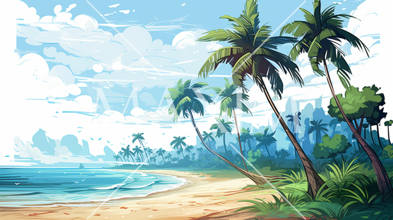 南国の島の浜辺と青い空のイラスト