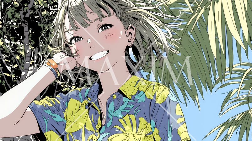 沖縄のかりゆしファッションを着て笑顔いっぱいの若い女性