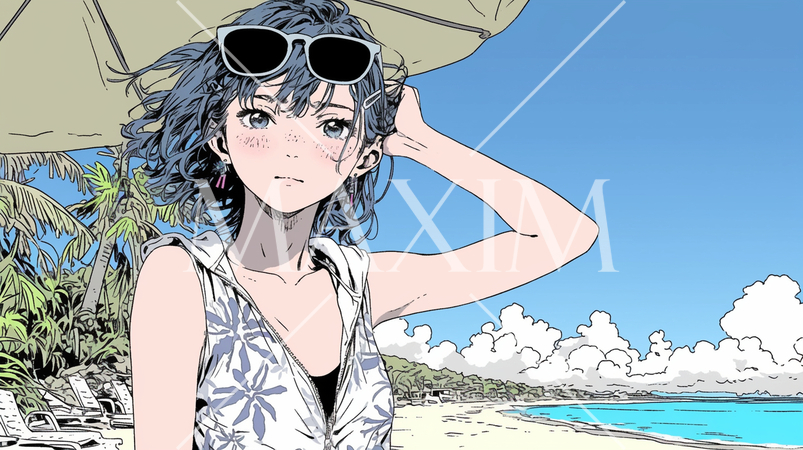 南国の海岸にビキニ姿でいる若い女性