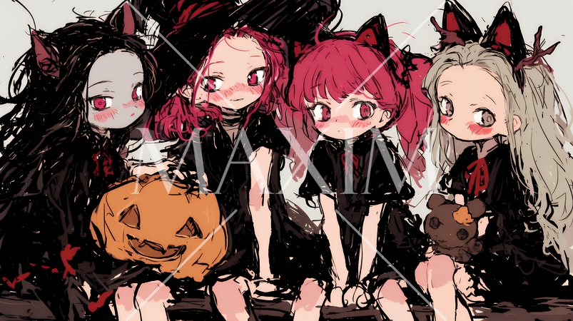 キモかわいいハロウィーンコスプレの女の子（クレヨンと水彩画風）