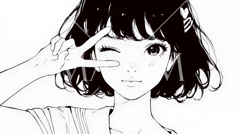 アイドルのように顔の横でピース＋ウィンクしている若い女性（シンプルな色使い）