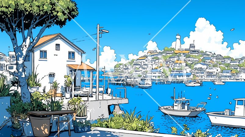 南国の小さな港浜と青い海と青い空