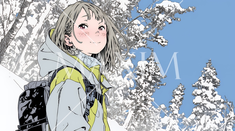 雪の積もる田舎道を歩いている若い女性