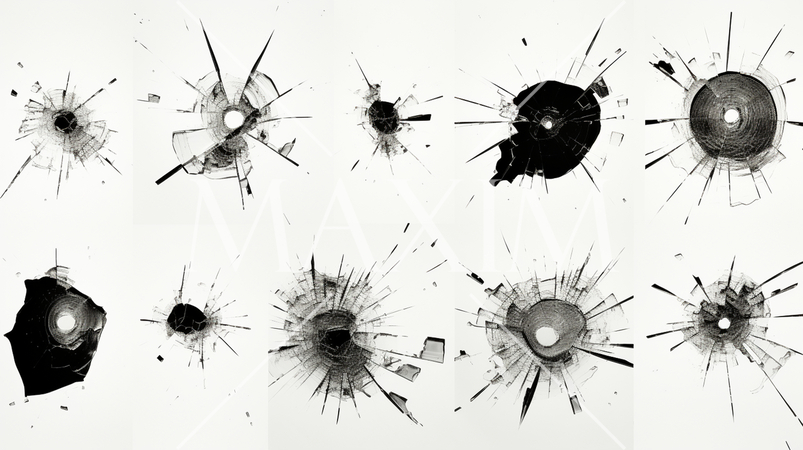 弾痕：ガラスに命中した銃弾の跡