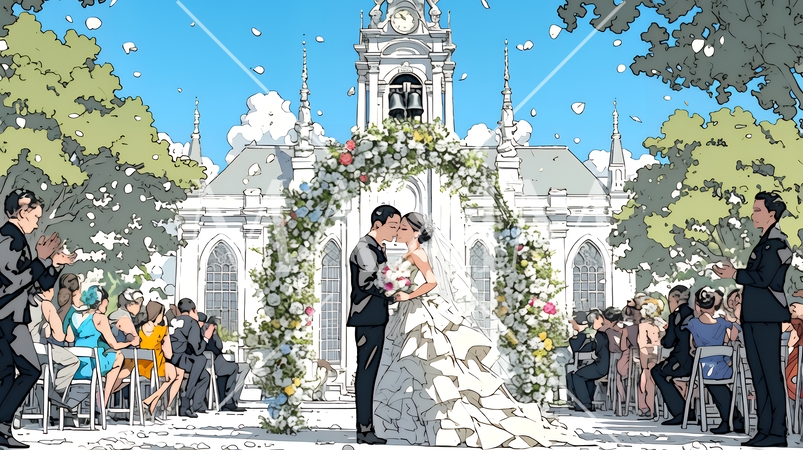 晴天の日のウェディングベルの鳴り響く中の結婚式