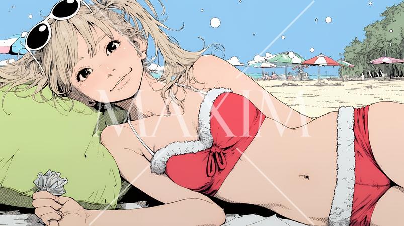 真夏（南半球）のビーチで活動中の女性のサンタクロース