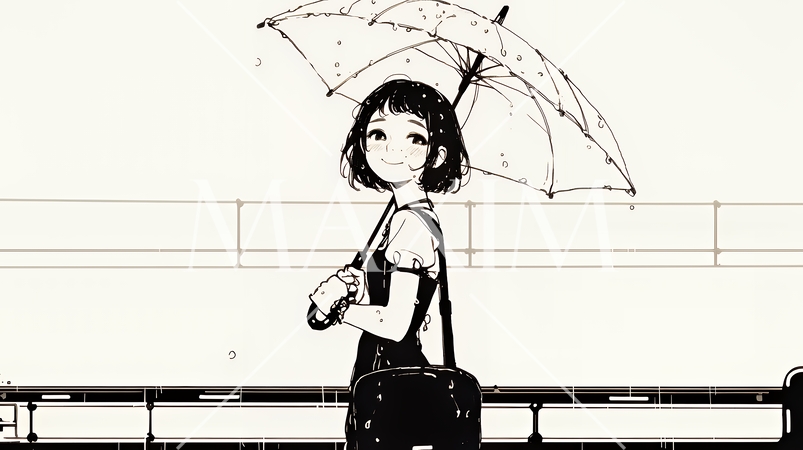 雨の日に傘をさして歩く若い女性（シンプルな色使い）