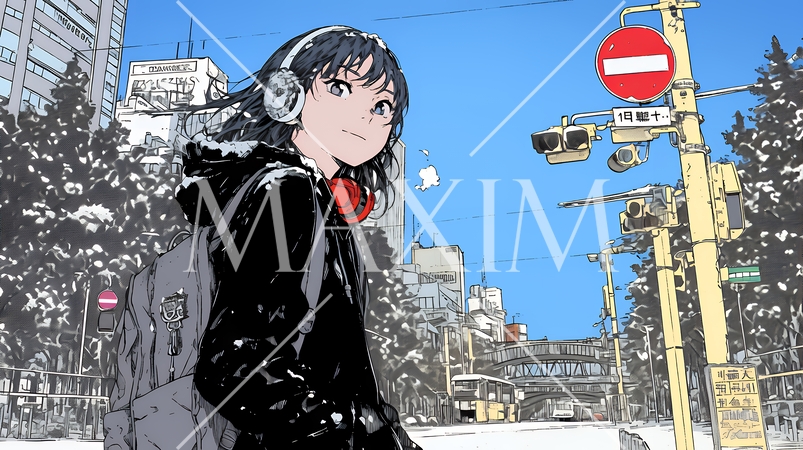 雪の積もる冬の都会を散策している若い女性