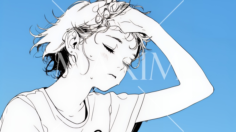 強烈な日差しでヘトヘト状態の女性（シンプルな色使い）