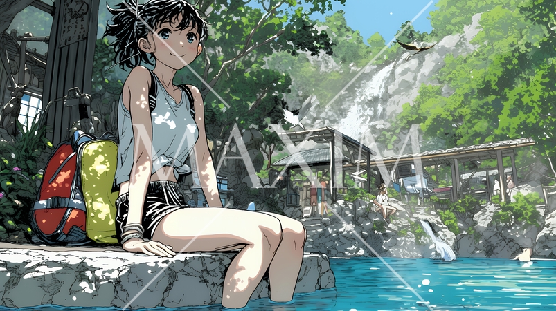 足湯に浸かっている若い女性