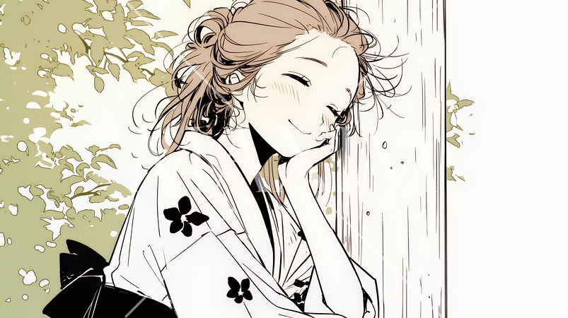 浴衣姿で夕涼みをしている若い女性（シンプルな色使い）