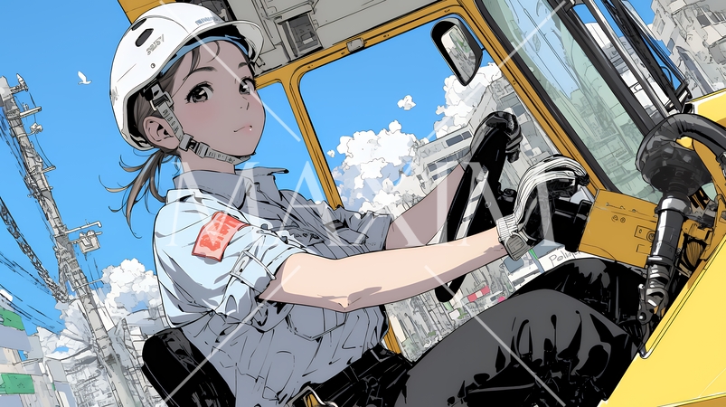 建設現場で重機を操作する若い女性