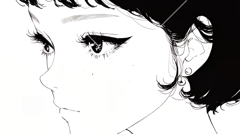 輝く瞳で見つめる好奇心旺盛な若い女性（シンプルな色使い）