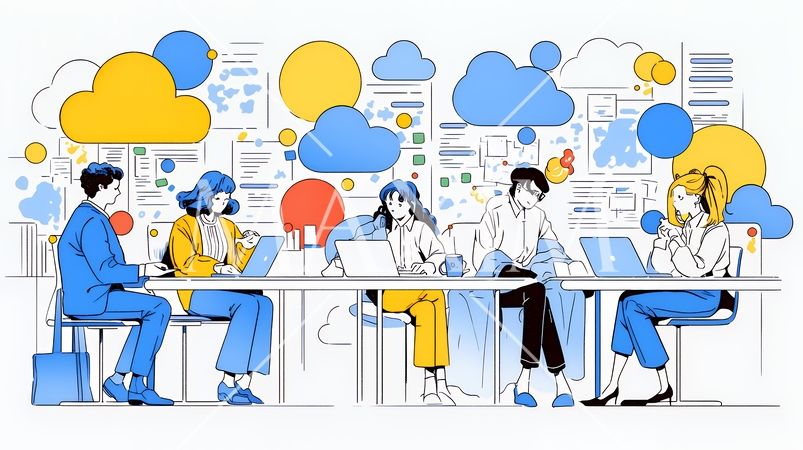 ITビジネスとクラウド技術のコンセプト｜ノートPCで働くチームとデータネットワークのイメージ