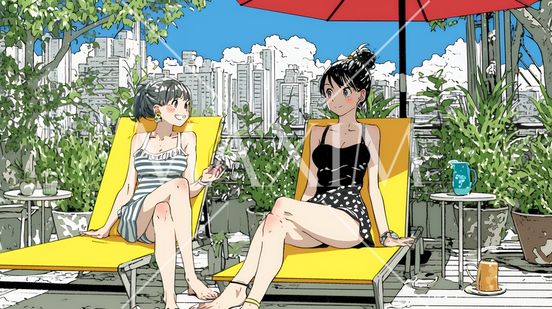 プールサイドのデッキチェアで談笑する女友達たち｜夏のリゾートで過ごすリラックスしたライフスタイルイメ