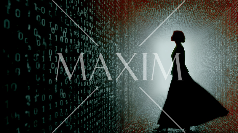 デジタルデータと日本人ビジネスウーマン｜AI・IT時代のテクノロジーイメージ（バイナリーコード）