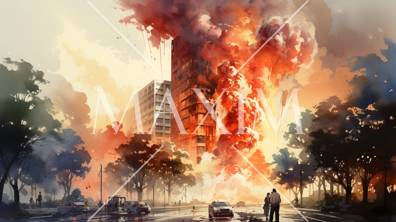 高層ビルの火災の水彩画