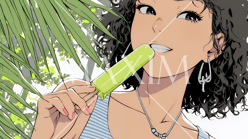 アイスキャンティを食べている若い女性