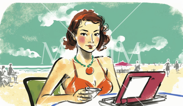 海辺のリゾートに来ているのに仕事のデジタルデバイスを手放せない女性