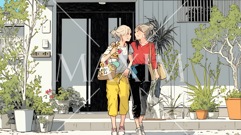 道端で会話を楽しむ若い主婦たち（ママ友たち）