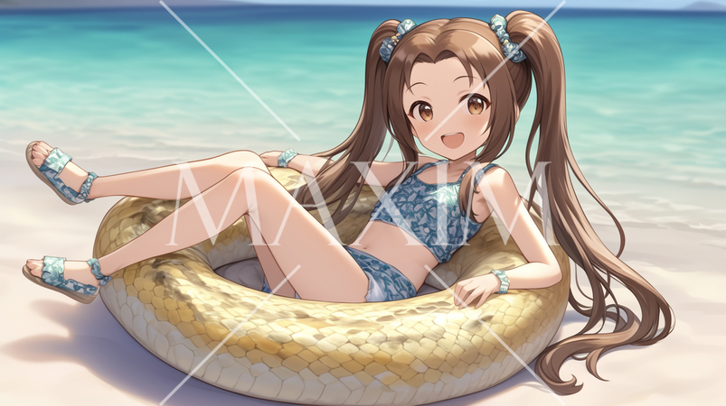 南国の海で蛇浮き輪に乗る少女